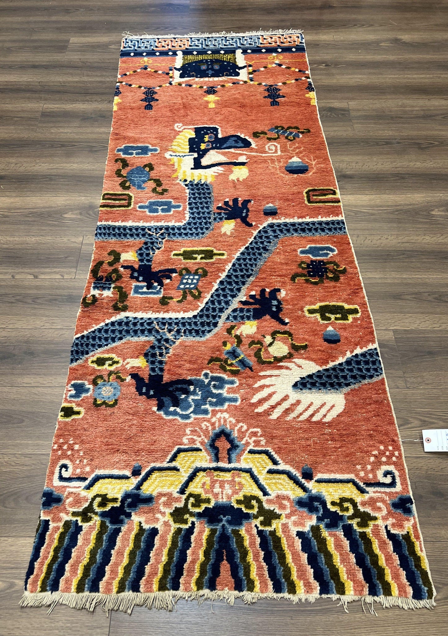 Rare Chinese Ningxia Pillar Rug 3x8, Late Qing Dynasty, 5 Clawed Dragon, Cloud Rainbow Border, Collectible Antique Carpet, Wool Hand Knotted