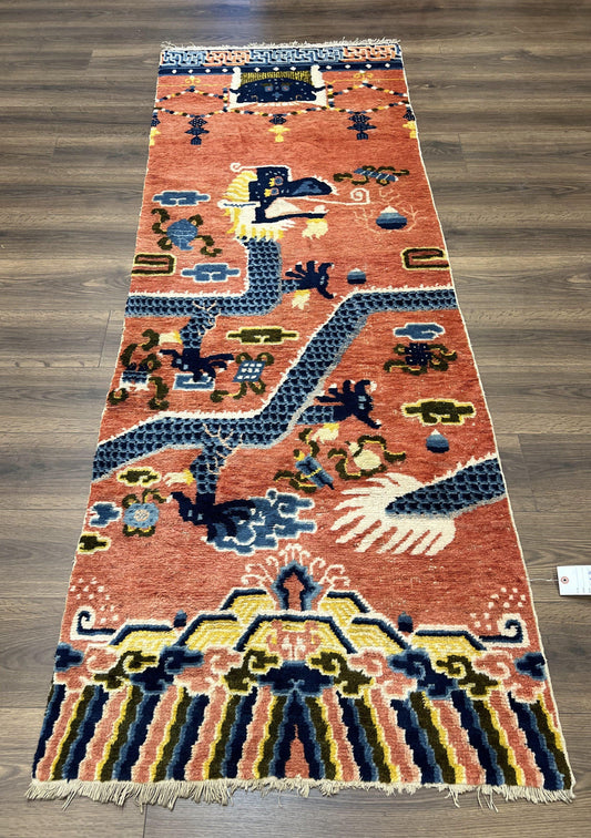 Rare Chinese Ningxia Pillar Rug 3x8, Late Qing Dynasty, 5 Clawed Dragon, Cloud Rainbow Border, Collectible Antique Carpet, Wool Hand Knotted