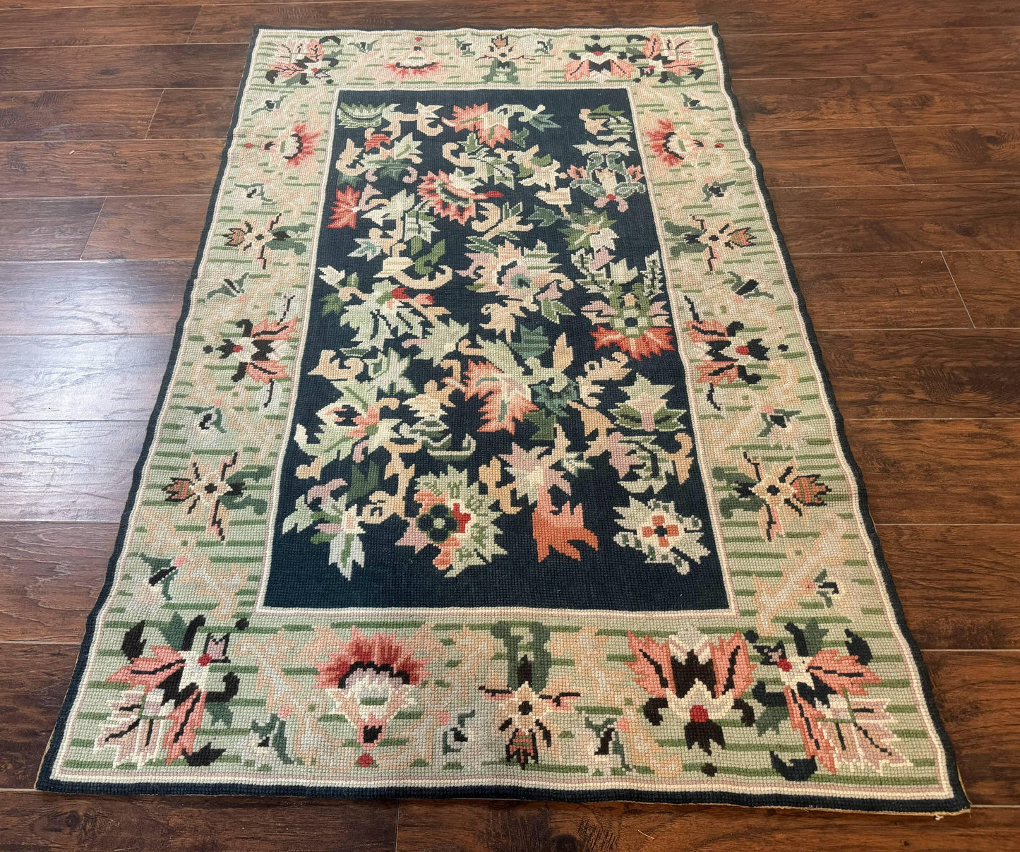 Vintage American Needlepoint Rug 4x6 Dark Green Wool Handmade Flatweave Carpet