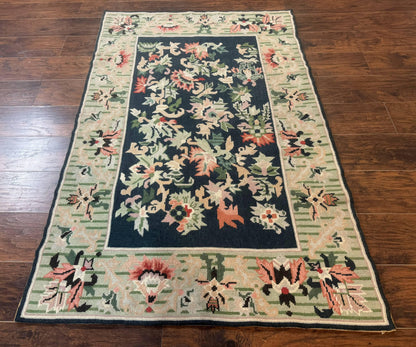 Vintage American Needlepoint Rug 4x6 Dark Green Wool Handmade Flatweave Carpet
