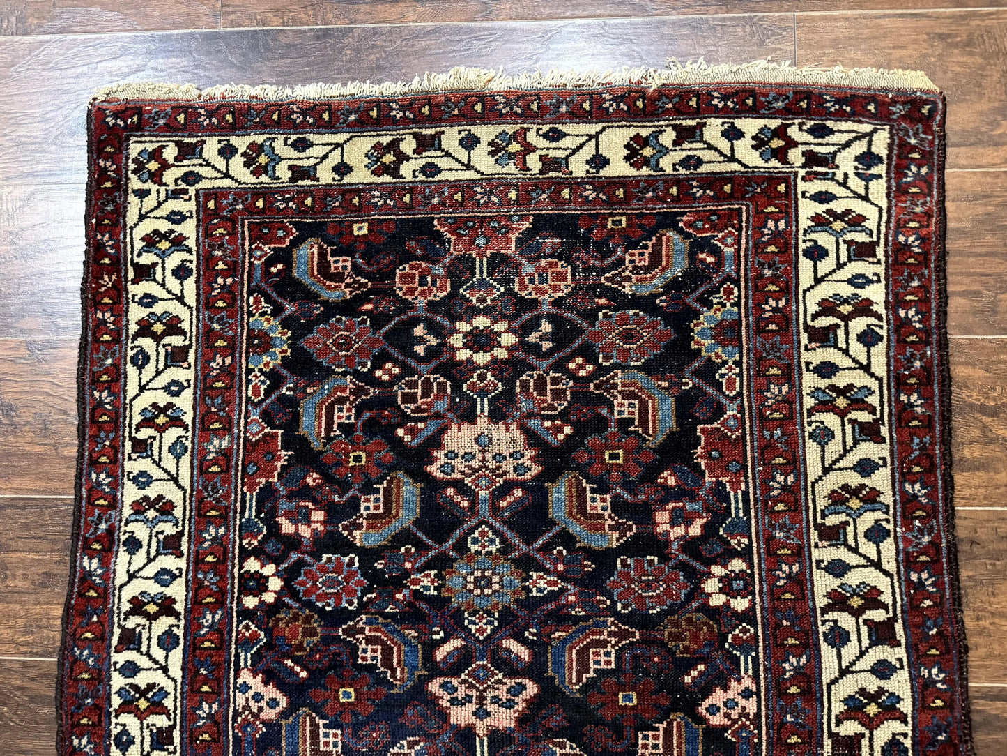 Antique Persian Rug Hamadan 3x6 Navy Blue Ivory Handmade Wool Carpet