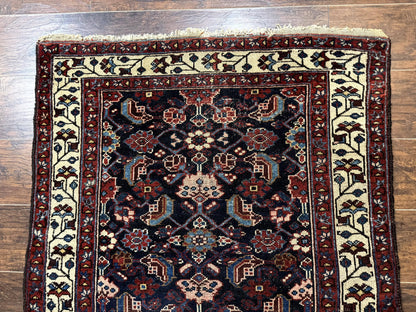 Antique Persian Rug Hamadan 3x6 Navy Blue Ivory Handmade Wool Carpet