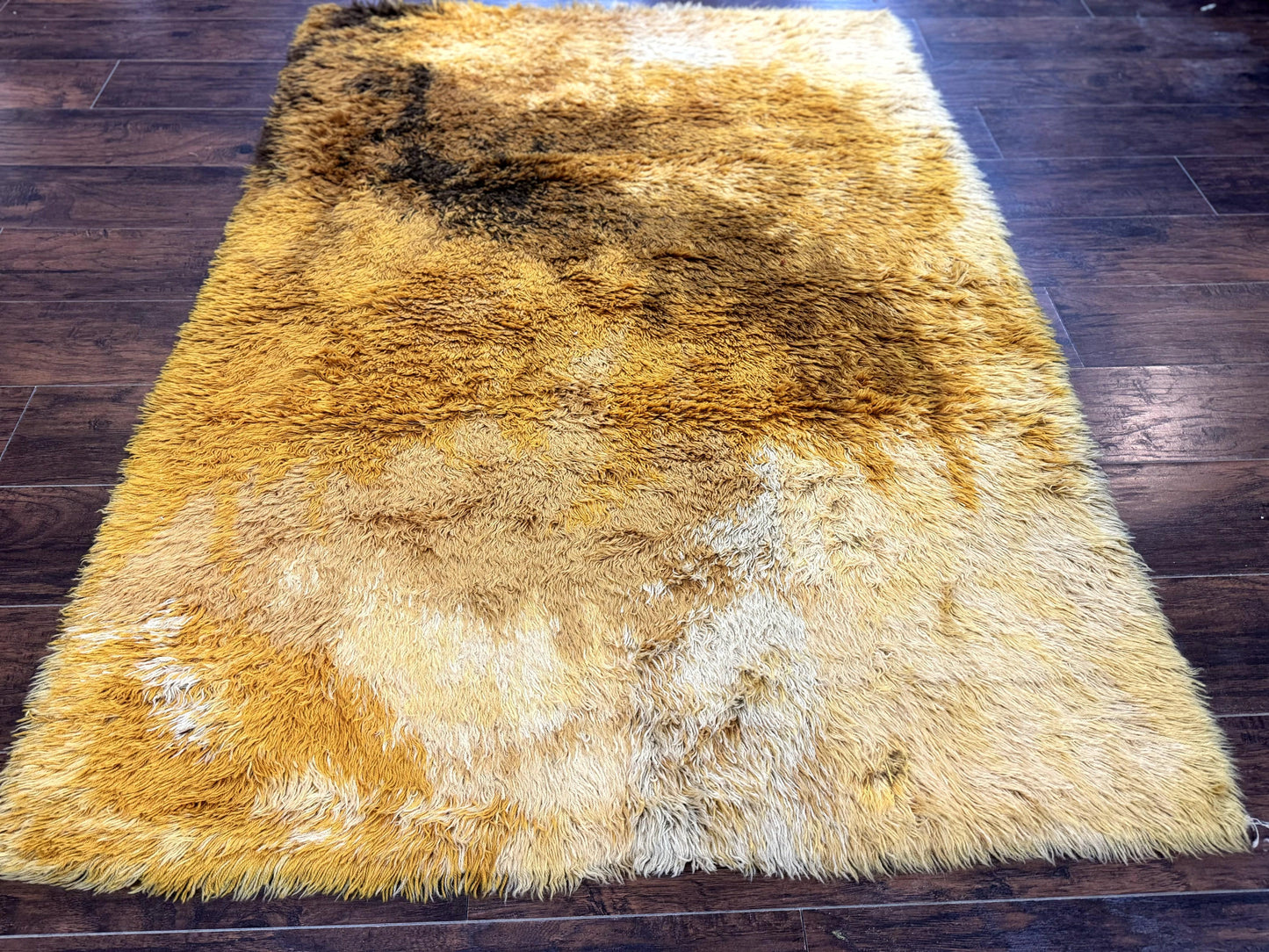 Rya Shag Rug Vintage 4.6 X 6 Yellow Mid Century Carpet For Living Room