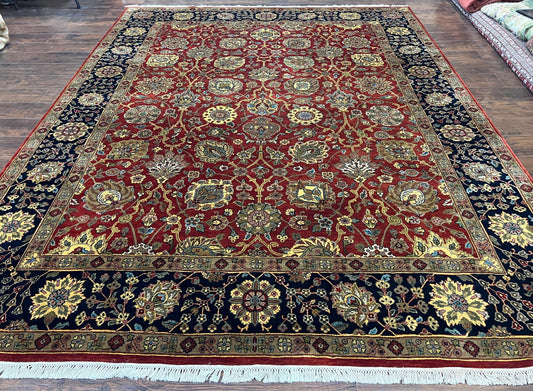 Indo Persian Rug 9x12, Hand Knotted Traditional Indian Wool Oriental Carpet 9 x 12 ft, Maroon and Navy Blue, Floral Allover 9x12 Vintage Rug