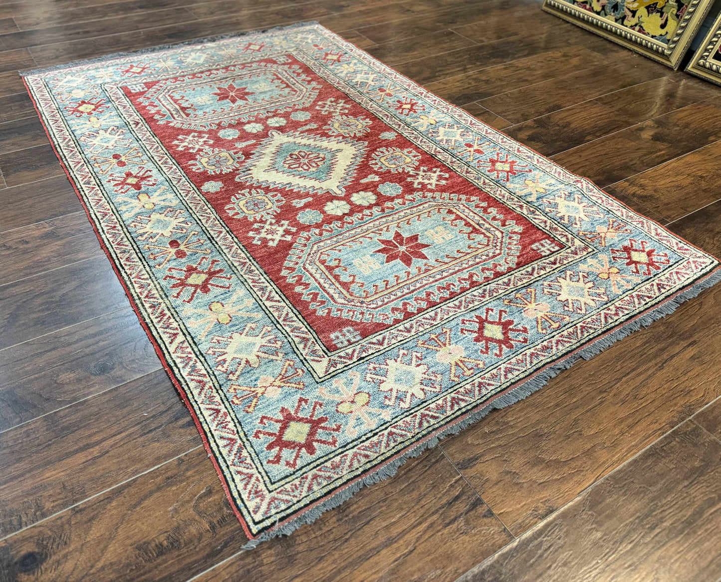 Turkish Kazak Rug Handmade Vintage Wool Carpet Geometric Design Red And Light Blue