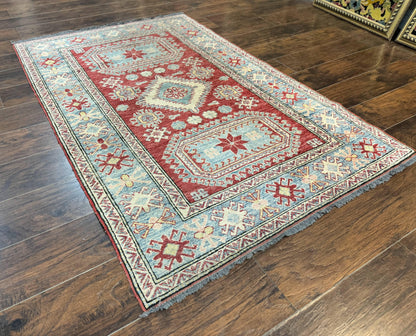 Turkish Kazak Rug Handmade Vintage Wool Carpet Geometric Design Red And Light Blue