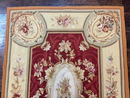 Aubusson Rug 4x6 Red Floral European Design Vintage Wool Handwoven