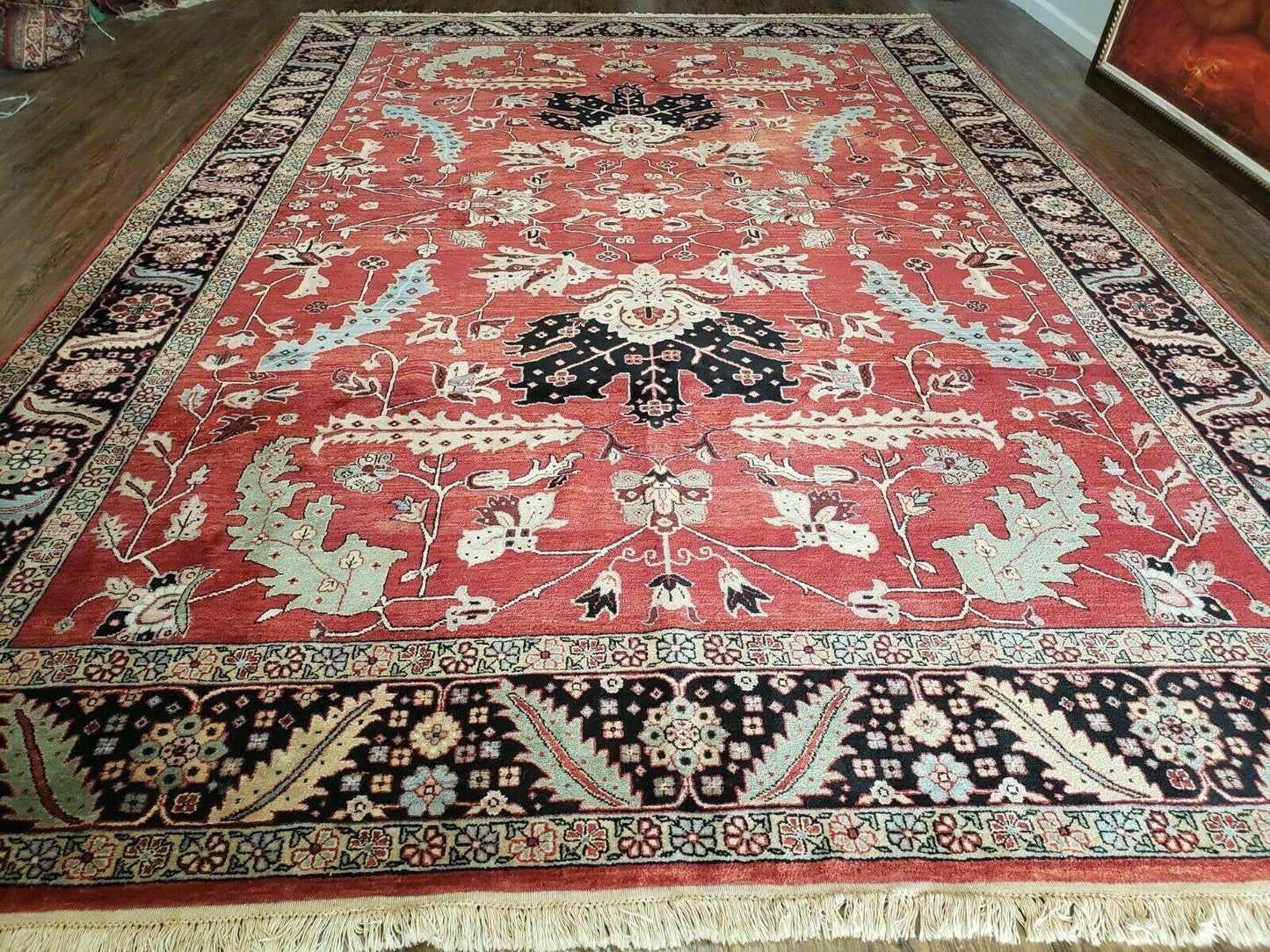 Vintage Handmade Turkish Wool Rug 9 Foot 10 Inch By 14 Foot 2 Inch Hand Knotted Red Black Floral
