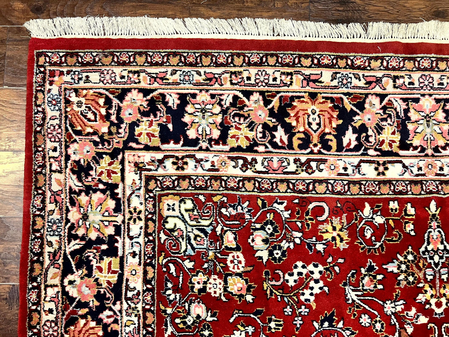 Indo Persian Sarouk Rug 8x10, Red, Floral Allover, Handmade Vintage Wool Carpet, Traditional Rug