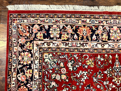 Indo Persian Sarouk Rug 8x10, Red, Floral Allover, Handmade Vintage Wool Carpet, Traditional Rug