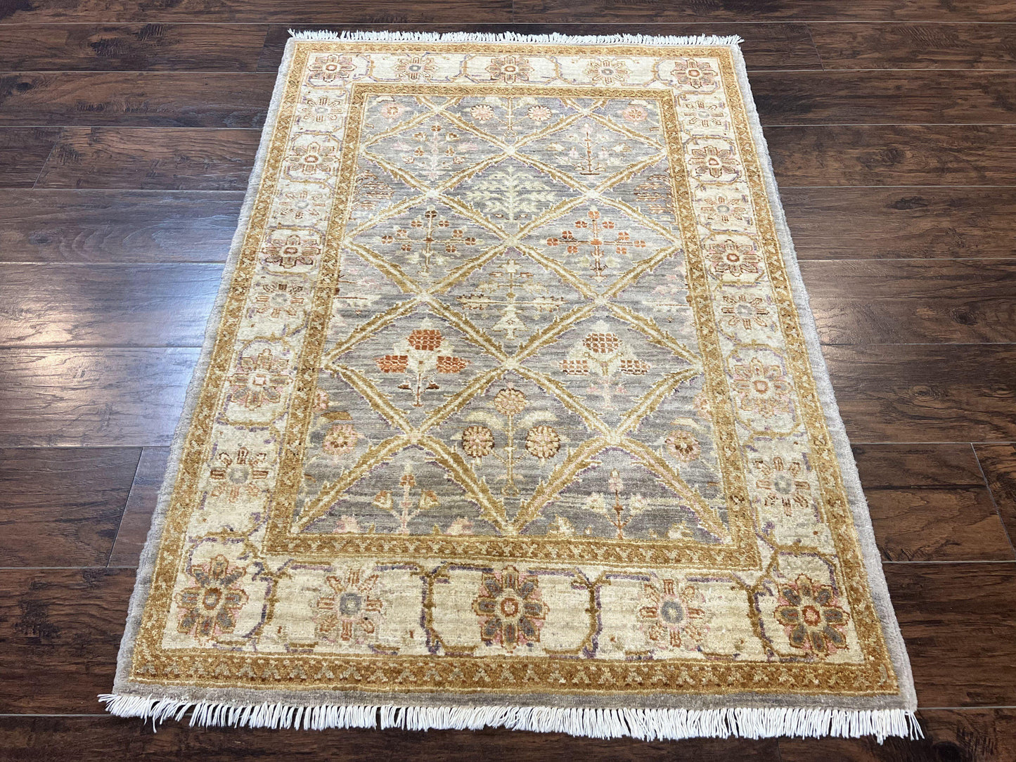 Peshawar Rug 3.6 By 5 Handmade Wool Hand Knotted Vintage Panel Design Oriental Carpet