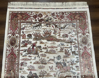 Turkish Silk Hunting Scene Rug 4x6 Ivory Bamboo Silk Contemporary Area Rug