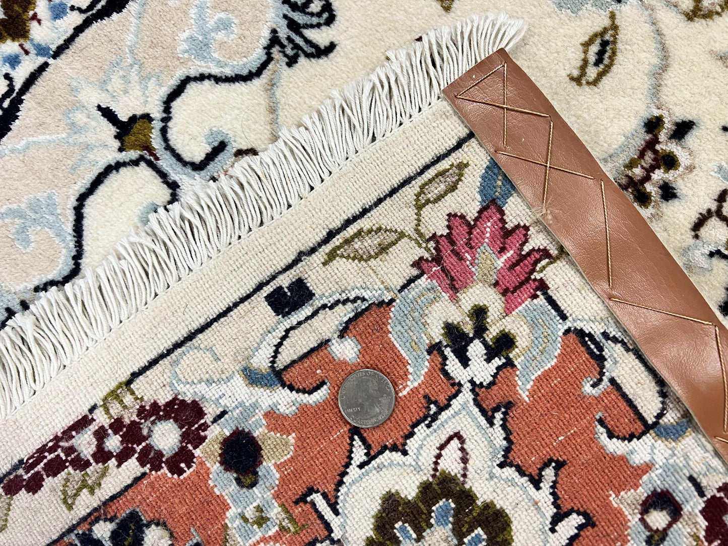 Persian Tabriz Rug 4.5  x 6.8, Finely Hand Knotted Wool with Silk Highlights Vintage Oriental Carpet, Cream and Salmon, High KPSI, Floral Medallion