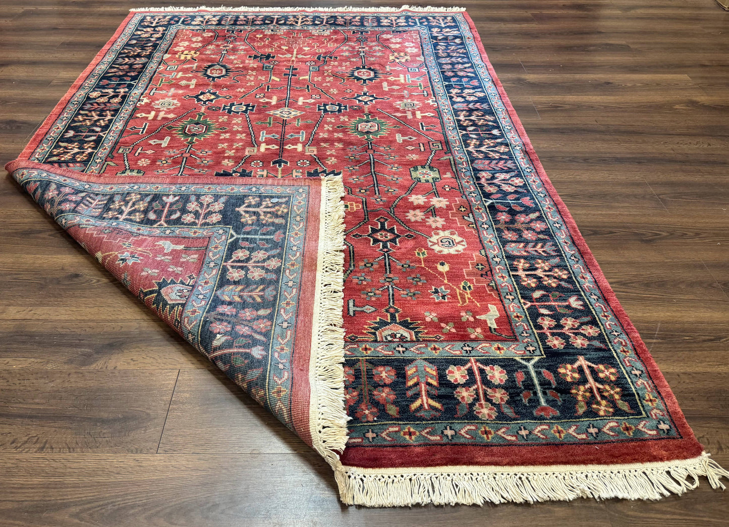 Indo Persian Heriz Serapi Rug 6x8 Handmade Wool Allover Pattern In Rust Red And Navy Blue