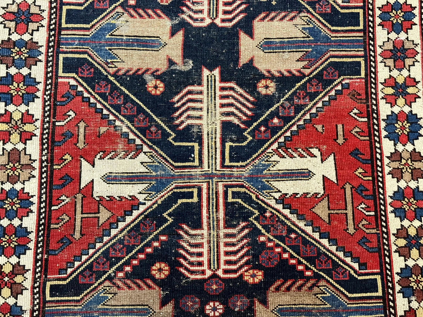 Antique Shirvan Caucasian Rug 3x5 Geometric Wool Hand Knotted Red Navy Beige
