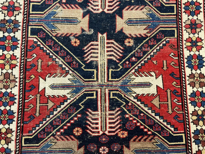 Antique Shirvan Caucasian Rug 3x5 Geometric Wool Hand Knotted Red Navy Beige