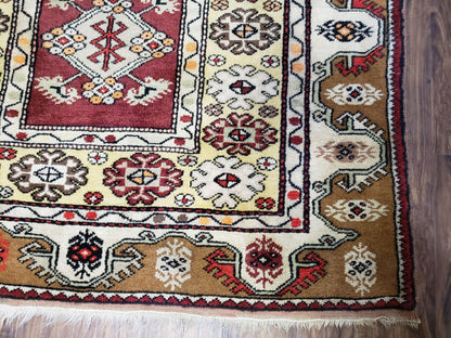 Turkish Caucasian Rug 4x7 Hand Knotted Wool Vintage Area Rug Cream Burnt Orange Carmine Red