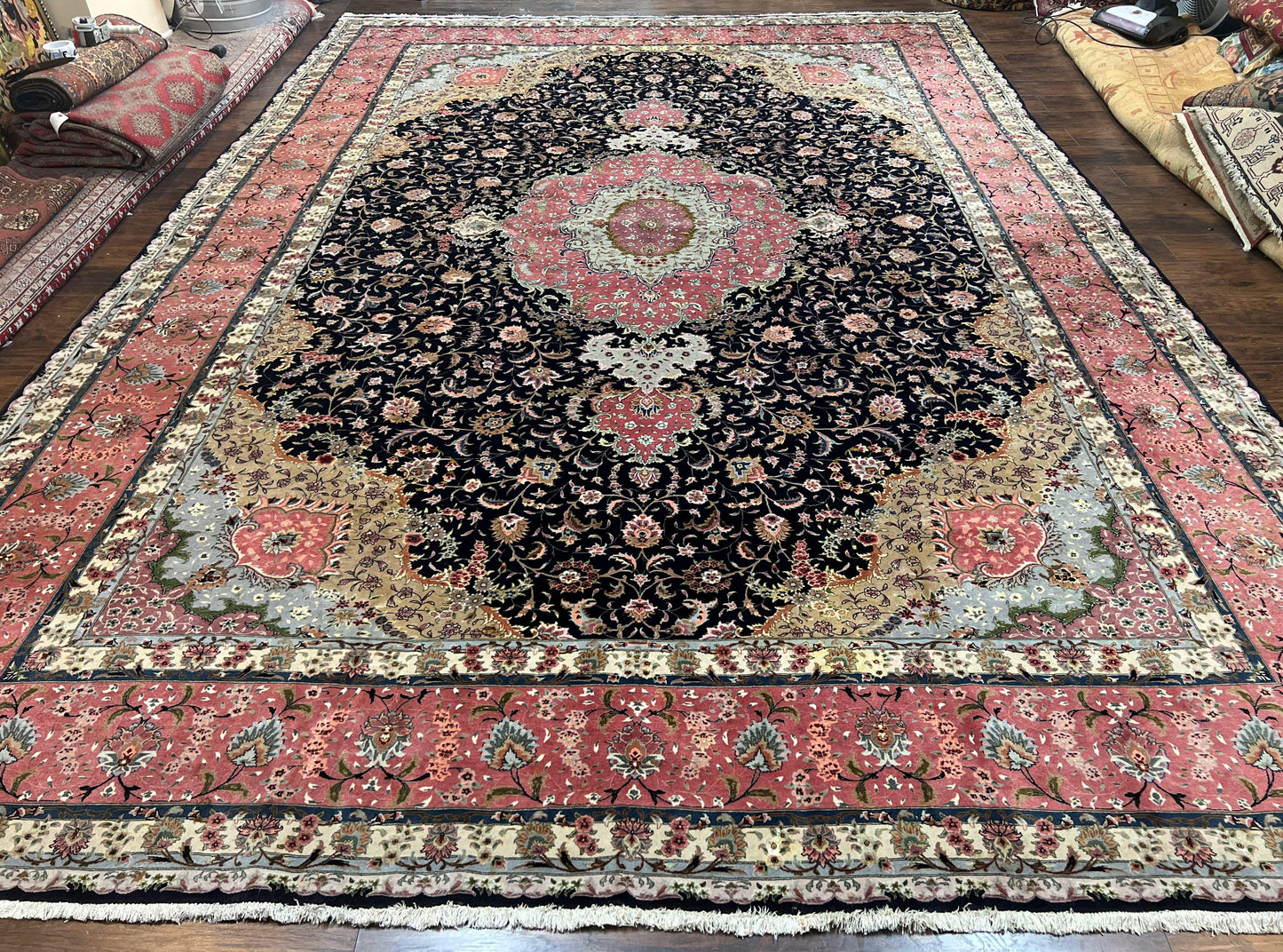 Persian Tabriz Rug 11x16 Hand Knotted Wool On Silk Floral Medallion Black Pink