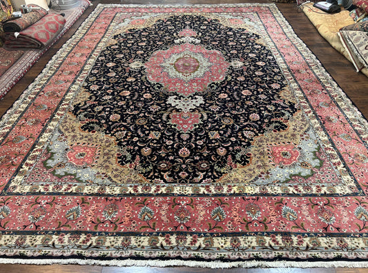 Persian Tabriz Rug 11x16 Hand Knotted Wool On Silk Floral Medallion Black Pink