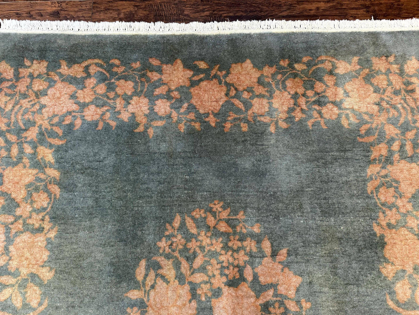 Teal Chinese Wool Rug 6x8, Vintage Handmade Carpet, Floral, Semi Open Field