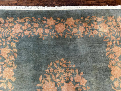 Teal Chinese Wool Rug 6x8, Vintage Handmade Carpet, Floral, Semi Open Field