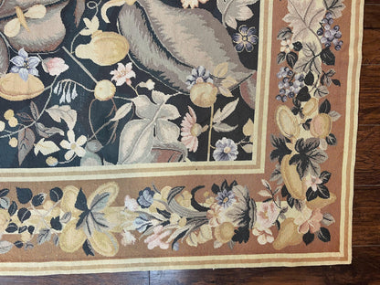 Large Needlepoint Rug 9x13, Handmade Wool Flatweave Vintage Rug, Leaves, Green