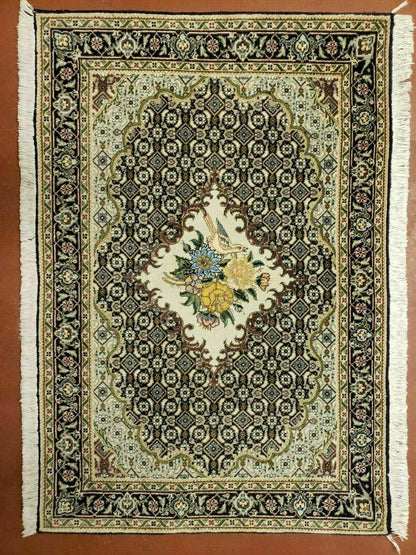 Small Persian Rug 2.4 x 3, Birds and Flowers, Finely Hand Knotted