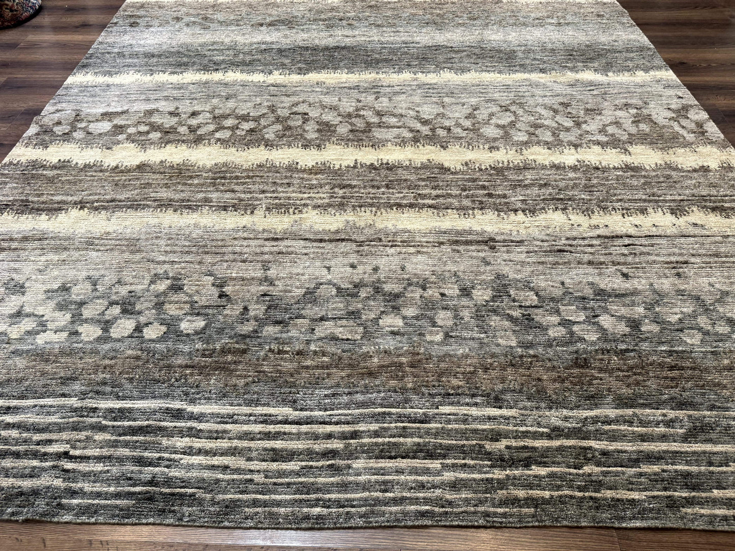 Modern Tibetan Wool Rug 8x10, Abstract, Contemporary, Handmade, Gray, Stripes