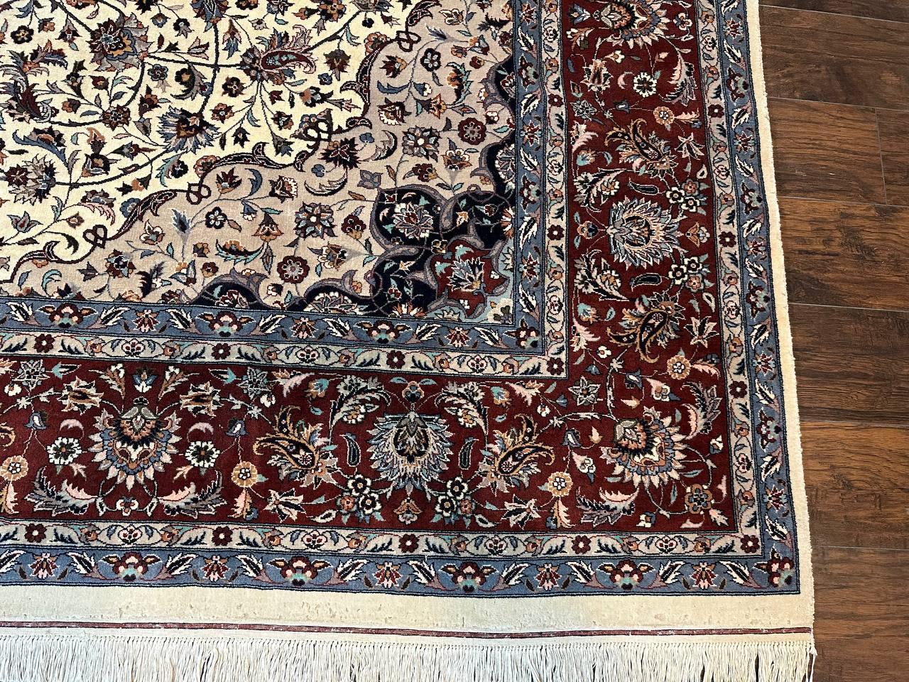 Sino Persian Rug 9x12, Vintage Wool Oriental Carpet, Floral Medallion, Wool Rug, Cream and Maroon
