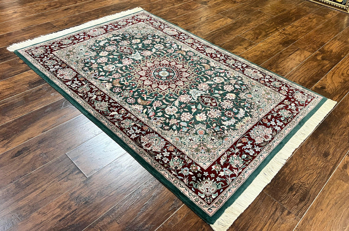 Pak Persian Rug 4x6, Wool Hand Knotted Vintage Carpet, Dark Green, Floral Medallion, Fine Oriental Rug