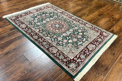 Pak Persian Rug 4x6, Wool Hand Knotted Vintage Carpet, Dark Green, Floral Medallion, Fine Oriental Rug