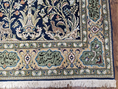 Persian Qum Tree Of Life Rug Hand Knotted Wool Midnight Blue And Tan With Poem Borders 4ft 8in By 7ft 8in