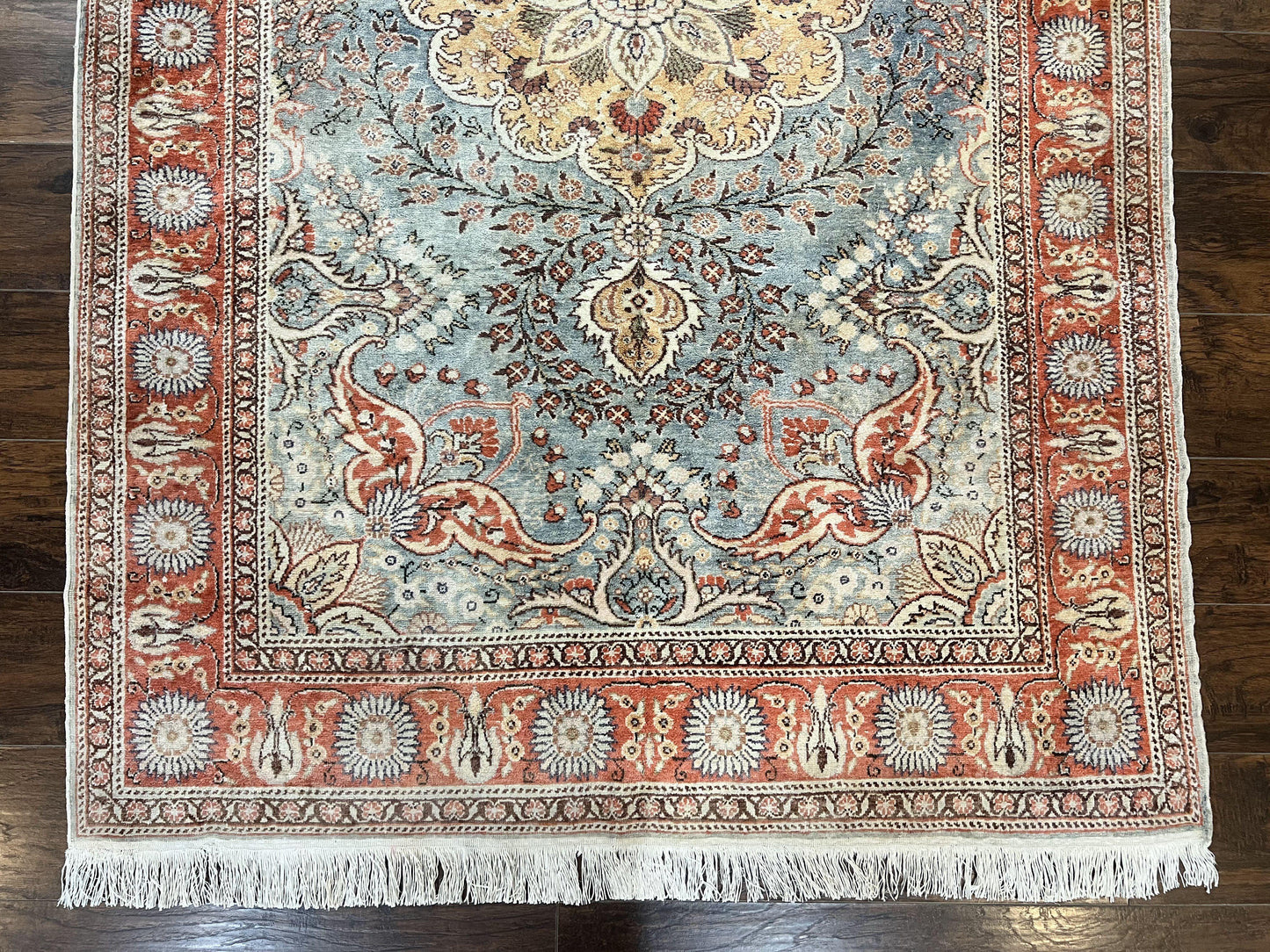 Silk Turkish Rug 5x7, Light Blue Silk Carpet, Floral Medallion, Turkish Kayseri Rug, Vintage Handmade Oriental Rug