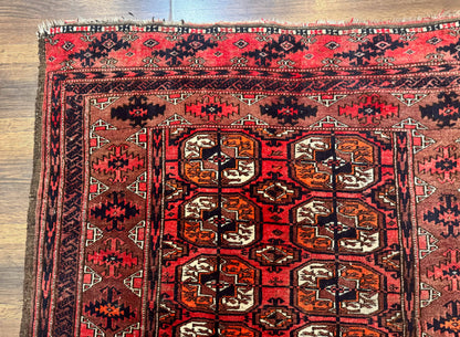 Antique Turkoman Rug 3.7 x 6.7, Red, Wool Runner Rug