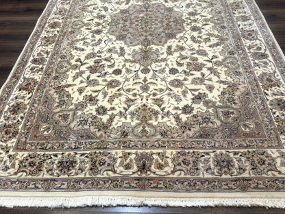 Sino Persian Rug 6x9 Floral Medallion Ivory And Taupe Wool Silk Highlights