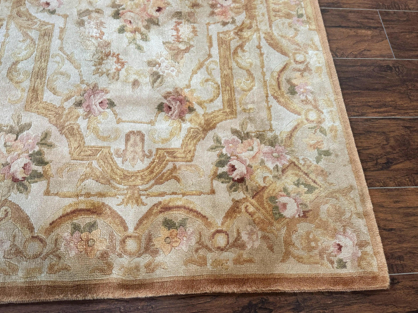 Handmade Chinese Aubusson Rug 3.6 x 5 Beige and Gold Vintage European Design