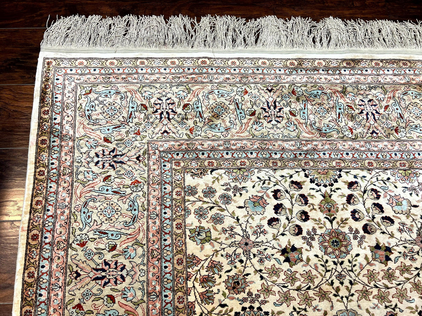 Hereke Silk Rug Vintage 8x12 Handmade Ivory Cream Floral Pattern Pile
