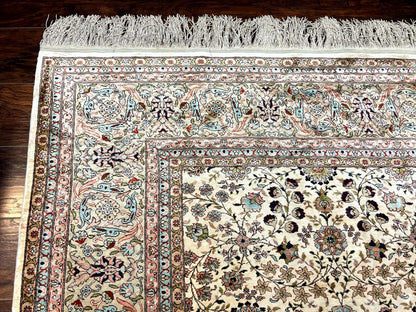 Hereke Silk Rug Vintage 8x12 Handmade Ivory Cream Floral Pattern Pile
