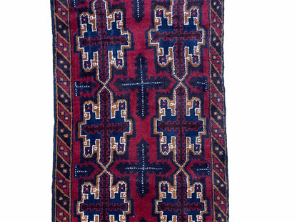 Balouchi Rug Vintage Handmade Tribal Wool Afghan Rug 2 Ft 7 In By 4 Ft 6 In Red Blue