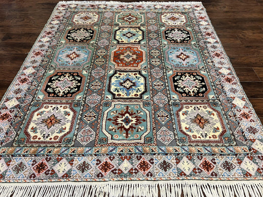 Moroccan Hand Knotted Wool Rug 7x8 Vintage Carpet Multicolor Panel Design
