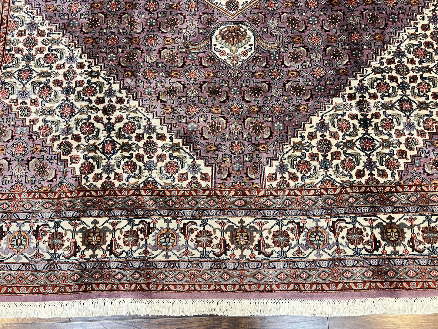 Indo Persian Bidjar Rug 8x10, Purple and Ivory Hand Knotted Wool Vintage Oriental Carpet, Herati Mahi Pattern, 8 x 10 Traditional Fine Rug