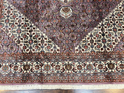 Indo Persian Bidjar Rug 8x10, Purple and Ivory Hand Knotted Wool Vintage Oriental Carpet, Herati Mahi Pattern, 8 x 10 Traditional Fine Rug