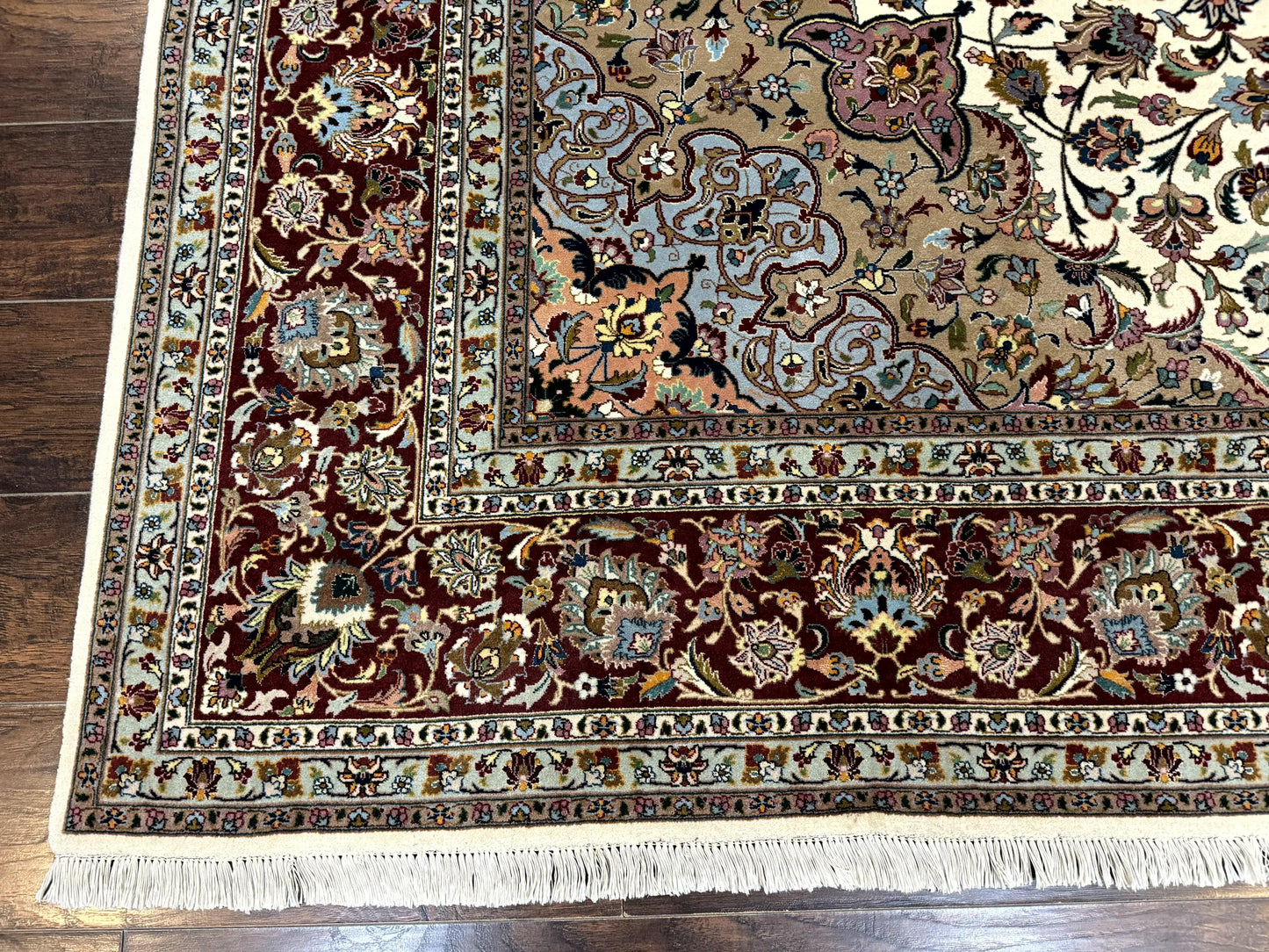 Persian Tabriz Rug Hand Knotted 8x11 Floral Medallion Traditional Area Rug Fine Wool 300 KPSI Ivory Maroon