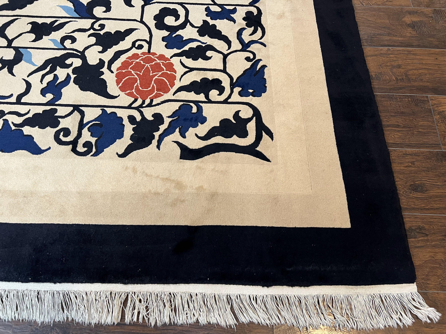 Antique Chinese Peking Rug 10x14, Beige Black, Handmade Wool Art Deco Carpet