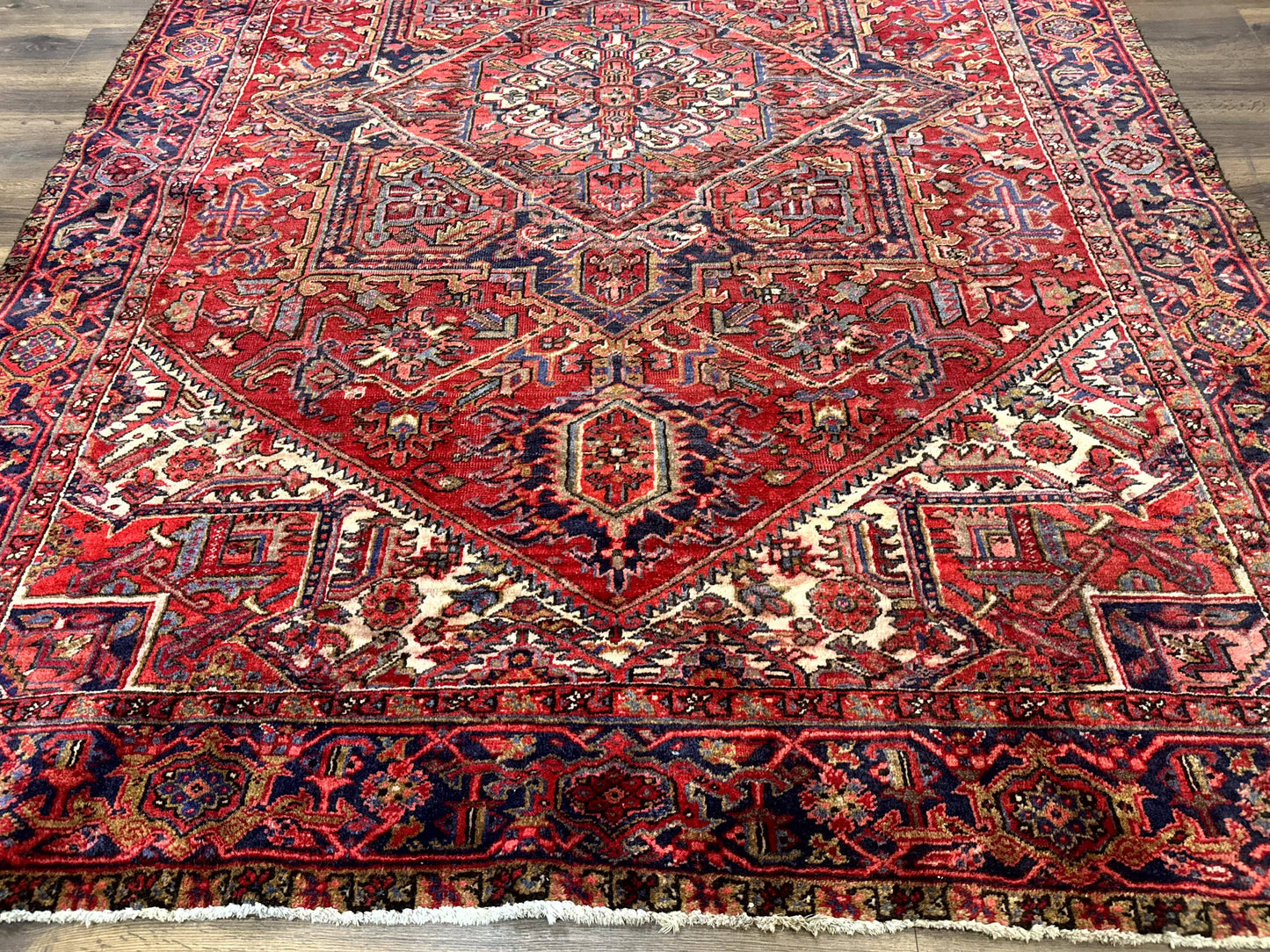 Persian Heriz Rug 7x10, Geometric Pattern, Red Ivory Navy Blue