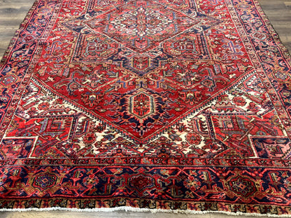 Persian Heriz Rug 7x10, Geometric Pattern, Red Ivory Navy Blue