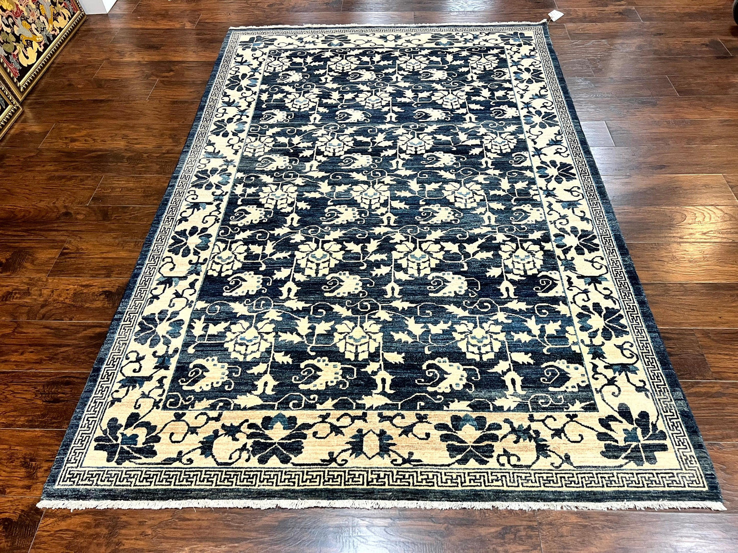 Sino Persian Rug Hand Knotted Wool Carpet 6x9 Floral Allover Blue Cream Tan