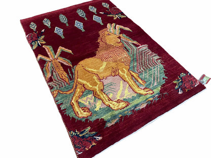 Handmade Wool Rug 3x5 Vintage Lion Pictorial Jungle Rug With Natural Dyes