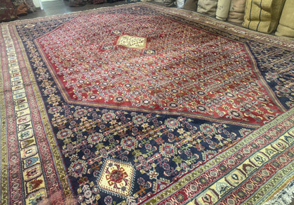 Persian Shiraz Rug 13x19 Oversized Herati Hex Medallion Brick Red Navy Beige