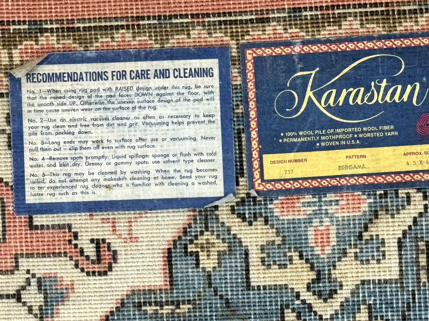 Karastan Rug 4x6 Bergama Design #737, Karastan Area Rug, Vintage Wool Karastan Carpet, Original Collection 700 Series, Salmon Red Light Blue